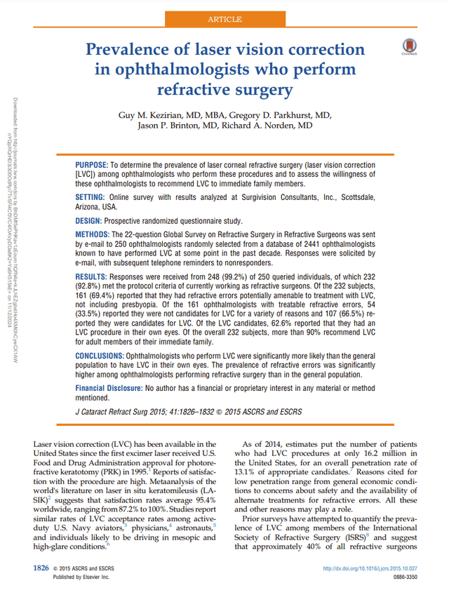 Prevalence of Laser Vision Correction in Ophthalmologists Who Perform Refractive Surgery